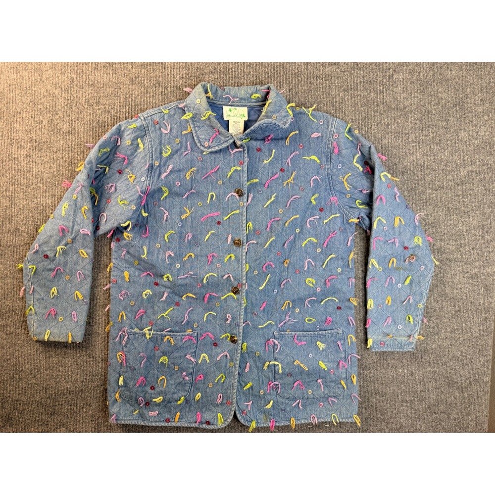 Quacker Factory Vintage Medium Denim Jacket Quilted Button Up Embroidered Blue